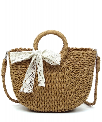 Straw Round Top Handle Woven Satchel Crossbody Bag BZ-100 KHAKI